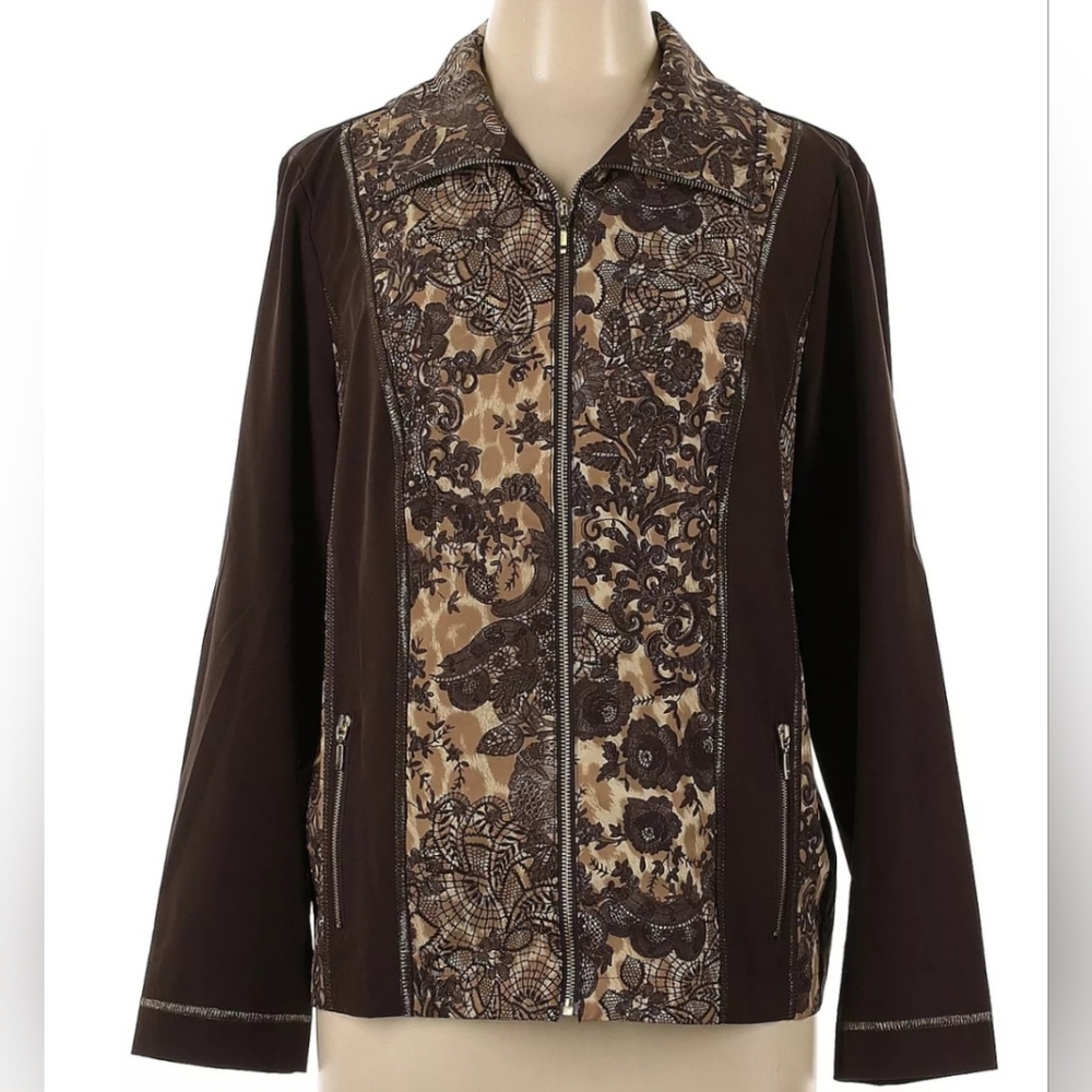 Chicos Zenergy Brown Paisley Athletic Panel Fall Jacket w/ Floral Paisley print